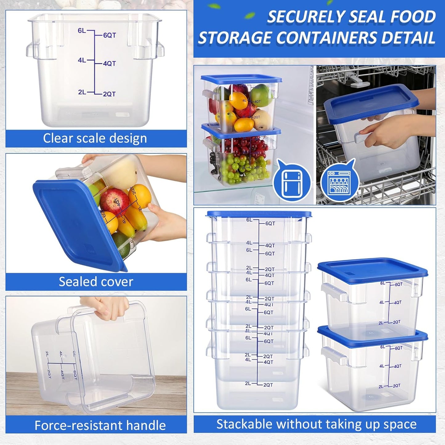 Yungyan 12 Pcs 4 Qt Commercial Food Storage Containers with Lids Restaurant Square Airtight Food Storage Containers Clear Cereal Containers for Kitchen Freezer Dishwasher Pantry(Blue Lid)