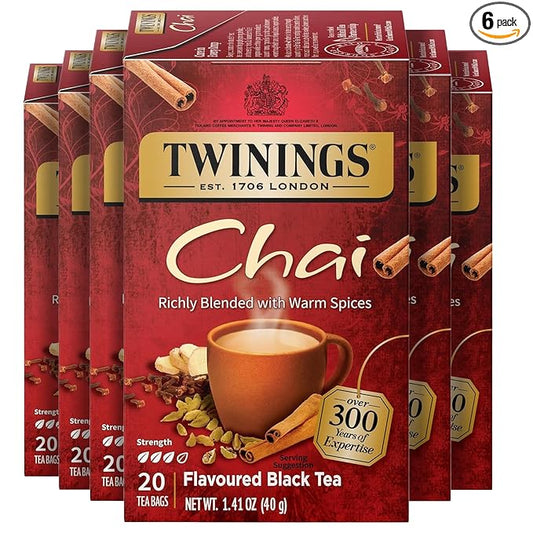 Twinings Chai Black Tea Individually Wrapped Bags, 20 Count (Pack of 6), Sweet, Savoury Spices, Caffeinated, Enjoy Hot or Iced, 120 Teabags
