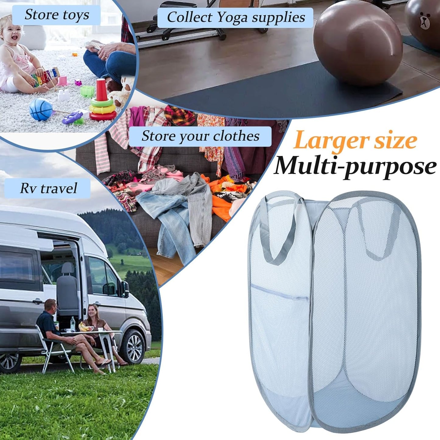 Upgraded 100L Extra Large Collapsible Laundry Baskets, 2 Pack XL Mesh Pop Up Laundry Hamper with Handles, Portable Travel Laundry Basket, Foldable Hamper. Grey. 2V