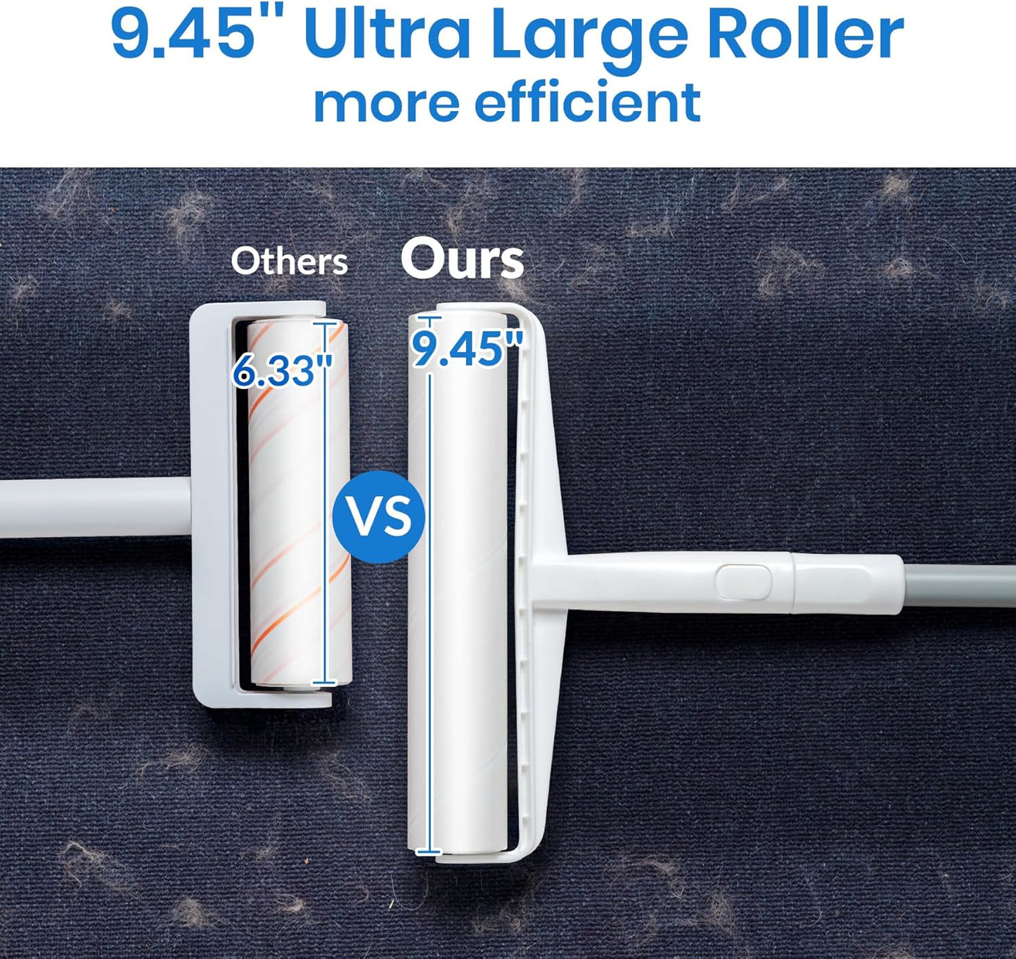 DELOMO Large Lint Roller for Floor & Carpet – 9.45" Extra Sticky Long Handle Roller with 360 Sheets, Easy-Peel Sticky Roller Mop for No-Bending Cleaning of Pet Hair on Couch, Furniture, Bed, Rug