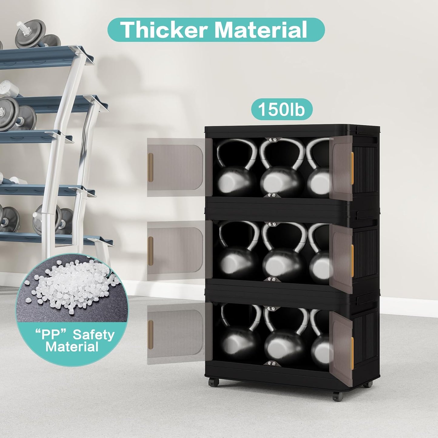 Holaki 156 QT Storage Bins with Lid, 4 Tiers Collapsible Closet Organizers, Stackable Plastic Storage Bins Cabinet Box with Wheels and Magnetic Door(Black)