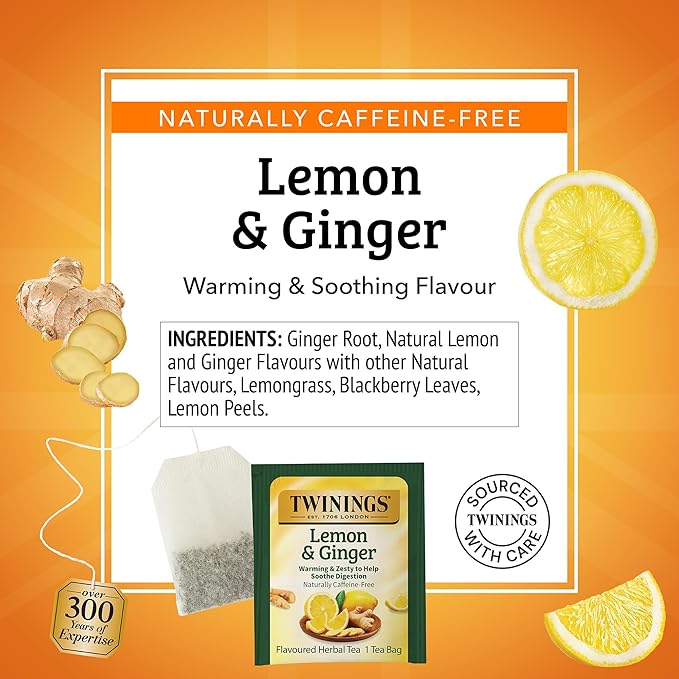 Twinings Lemon & Ginger Herbal Tea Individually Wrapped Bags, 50 Count (Pack of 6), Tangy Lemon & Spicy Ginger, Naturally Caffeine-Free, Enjoy Hot or Iced, 300 Teabags