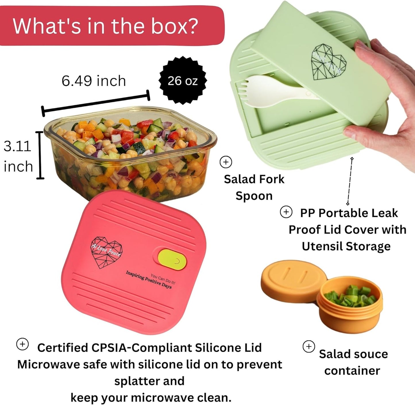 Ai Love Peace Soup Container with Dual Lids,26 oz Borosilicate Glass Lunch Box | Leakproof Lid+ Microwave &Safe Freezer Lid, Stackable,Glass Meal Prep Food Storage,Perfect for Work & Soup Lovers Gift.