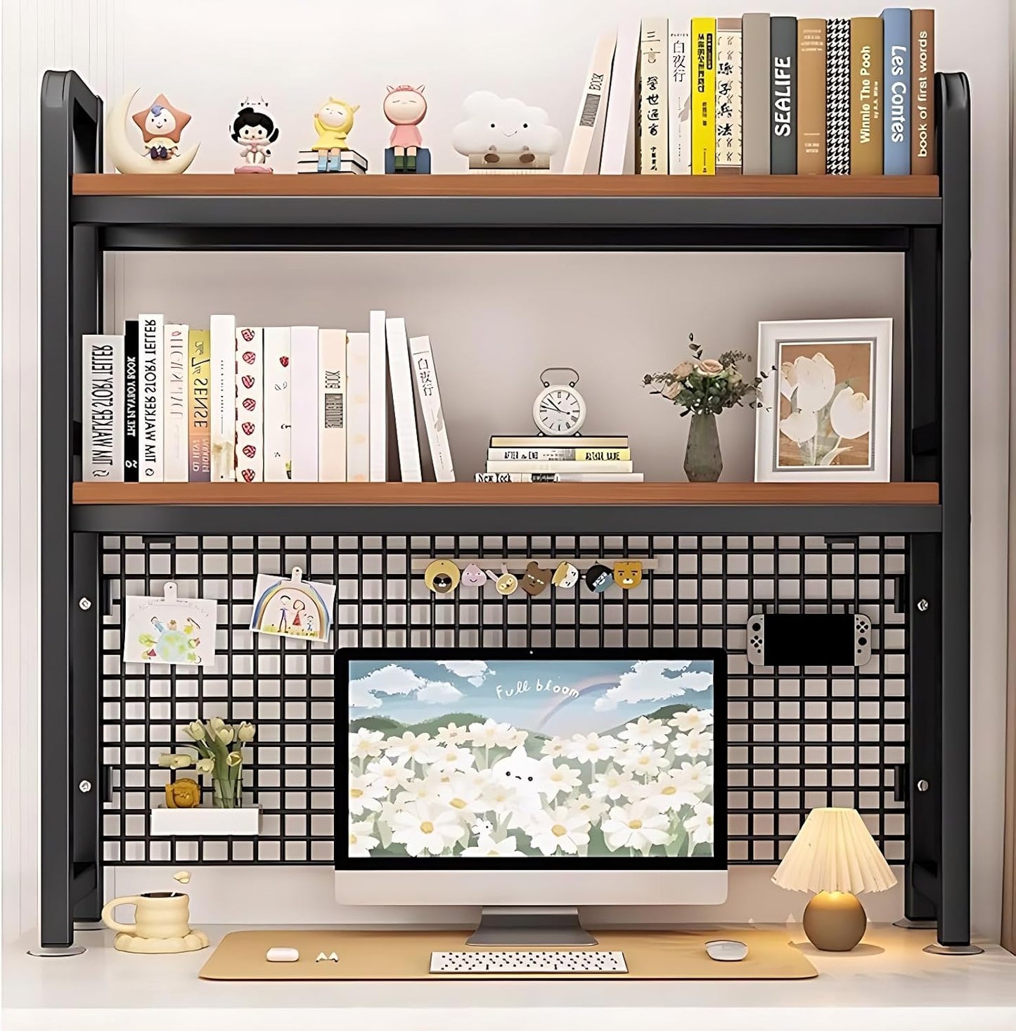 Desk Shelf Organizer with Metal Grid, 2-Tier Desktop Bookshelf, Rustic Wood & Metal Desk Hutch for Home Office and Dorm (Black, 37.4" L × 7.9" W × 38.6" H)