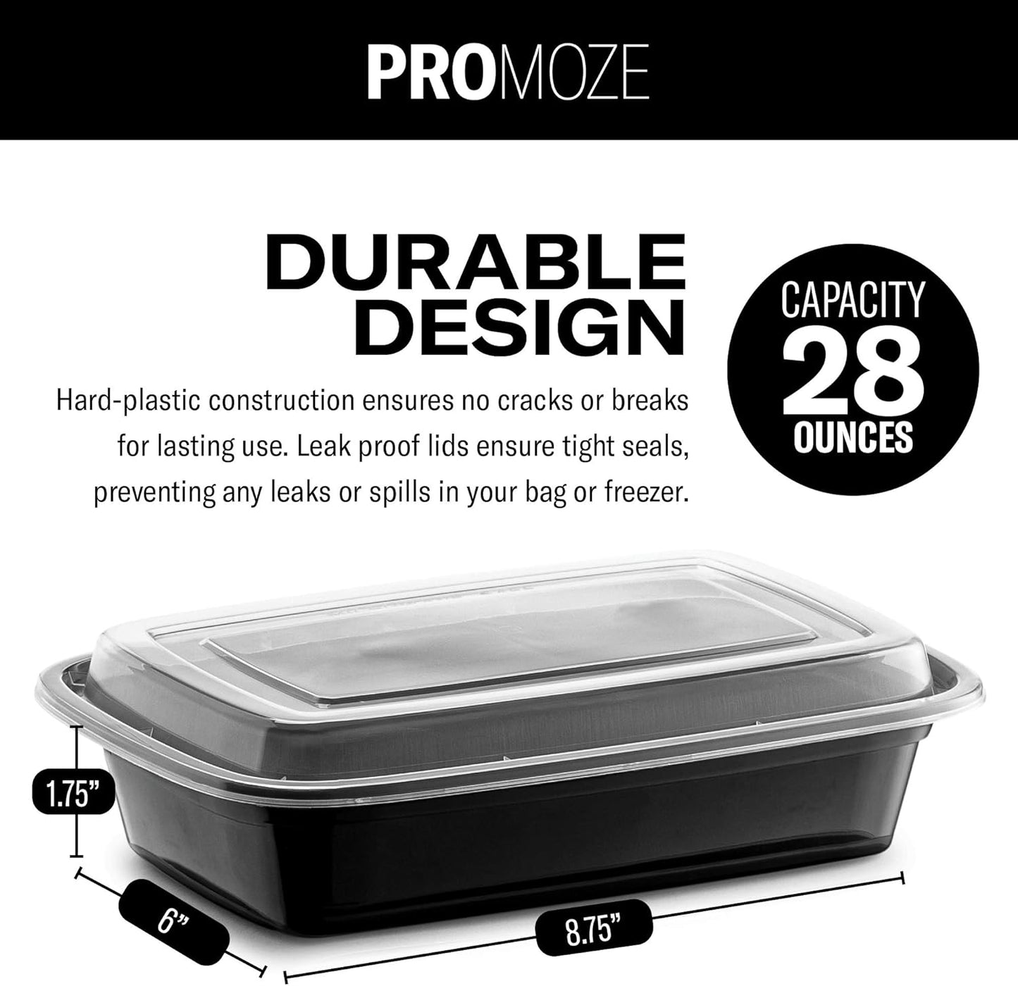 50-Pack Reusable Meal Prep Containers Microwave Safe Food Storage Containers with Lids, 28 oz - 1 Compartment Take Out Disposable Plastic Bento Lunch Box To Go, BPA Free - Dishwasher & Freezer Safe