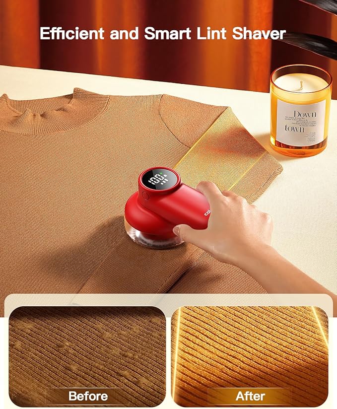 coldSky Rechargeable Fabric Shaver, Lint Shaver with Digital Display, Sweater Shaver with 6-Leaf Blades and Safety Lock, 3-Speeds Defuzzer Remove Fuzz, Pills from Clothes, Furniture, Sofa, Blanket Red