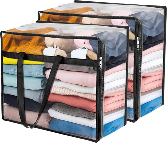 Budding Joy Clear Zippered Storage Bags for Clothes,40L Closet Organizers and Storage Containers Vinyl Moving Bag for Bedding, Linen, Blankets, Comforters, Clothing & Toys, Black, 2 Pack