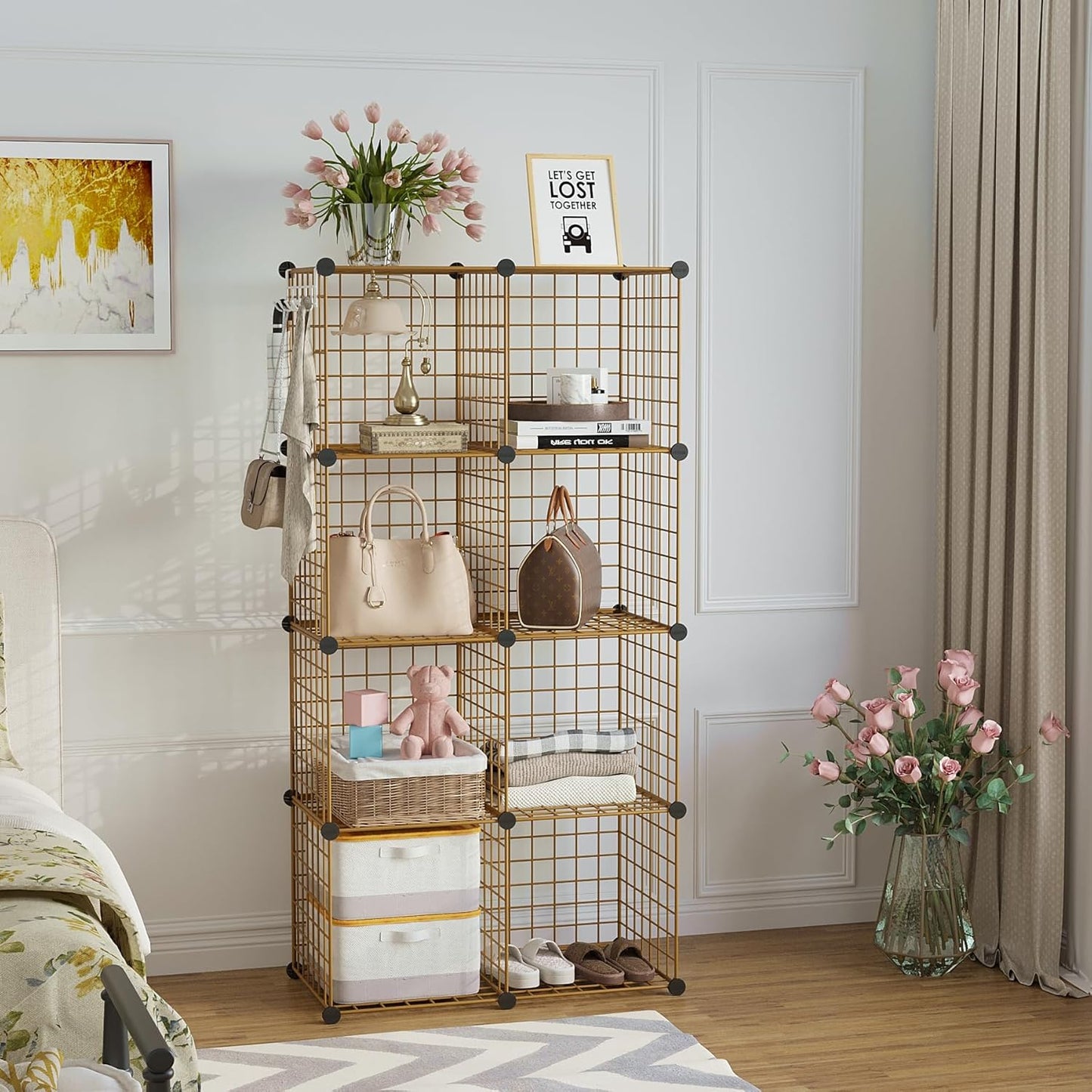 C&AHOME Wire Cube Storage, 8 - Cube Organizer Metal C Grids, Modular Shelves Units, Closet Organizer, Ideal for Home, Office, Living Room, 24.8" L x 12.4" W x 48.4" H, Brown UWCS3008R