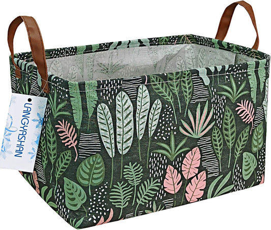 LANGYASHAN Rectangular Storage Bin Collapse Canvas Fabric Cartoon Storage Basket with Handles for Organizing Home Kitchen Boys and Girls Toys Office Closet Shelf Baskets(Rec Full Leaf)