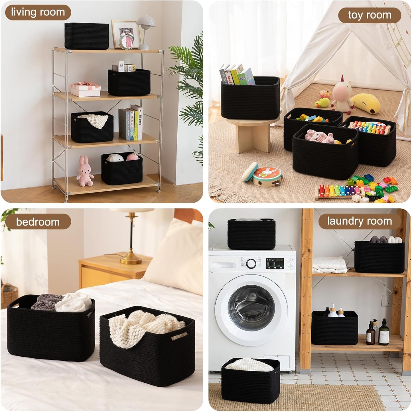 Storage Baskets for Organizing, Woven Decorative Baskets for Shelves - Books, Towels, and Clothes, Cotton Rope Toy Storage Bins, 12.7''Lx9''Wx7.8''H, Pack of 4, Black