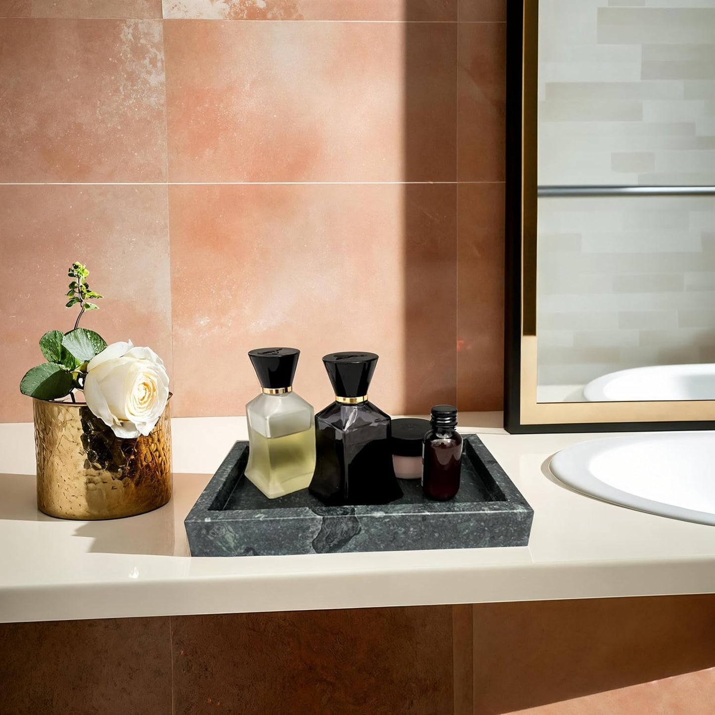 Natural Green Marble Tray for Bathroom | Kitchen | Vanity | Desktop, Stone Organizer for Coffee Table, Dresser, Nightstand, Candles, Soap, Towel, Plant, Jewelry (10" x 6"), Rectangular