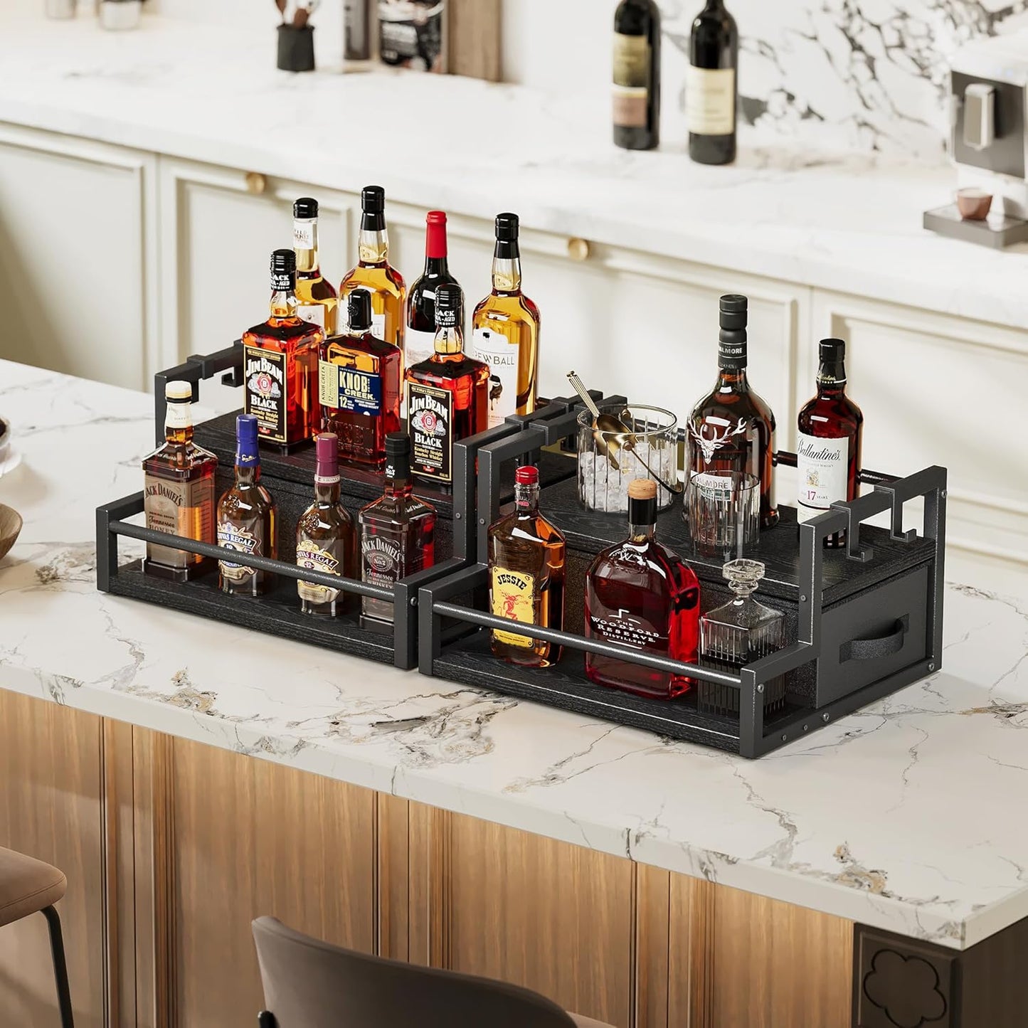 Homeiju Coffee Syrup Organizer Rack, 2-Tier Bottle Coffee Bar Accessories, Holder Stand with K Cup Storage Drawer for Coffee bar, Wine Rack, Storage Shelves for Syrup. (Black)