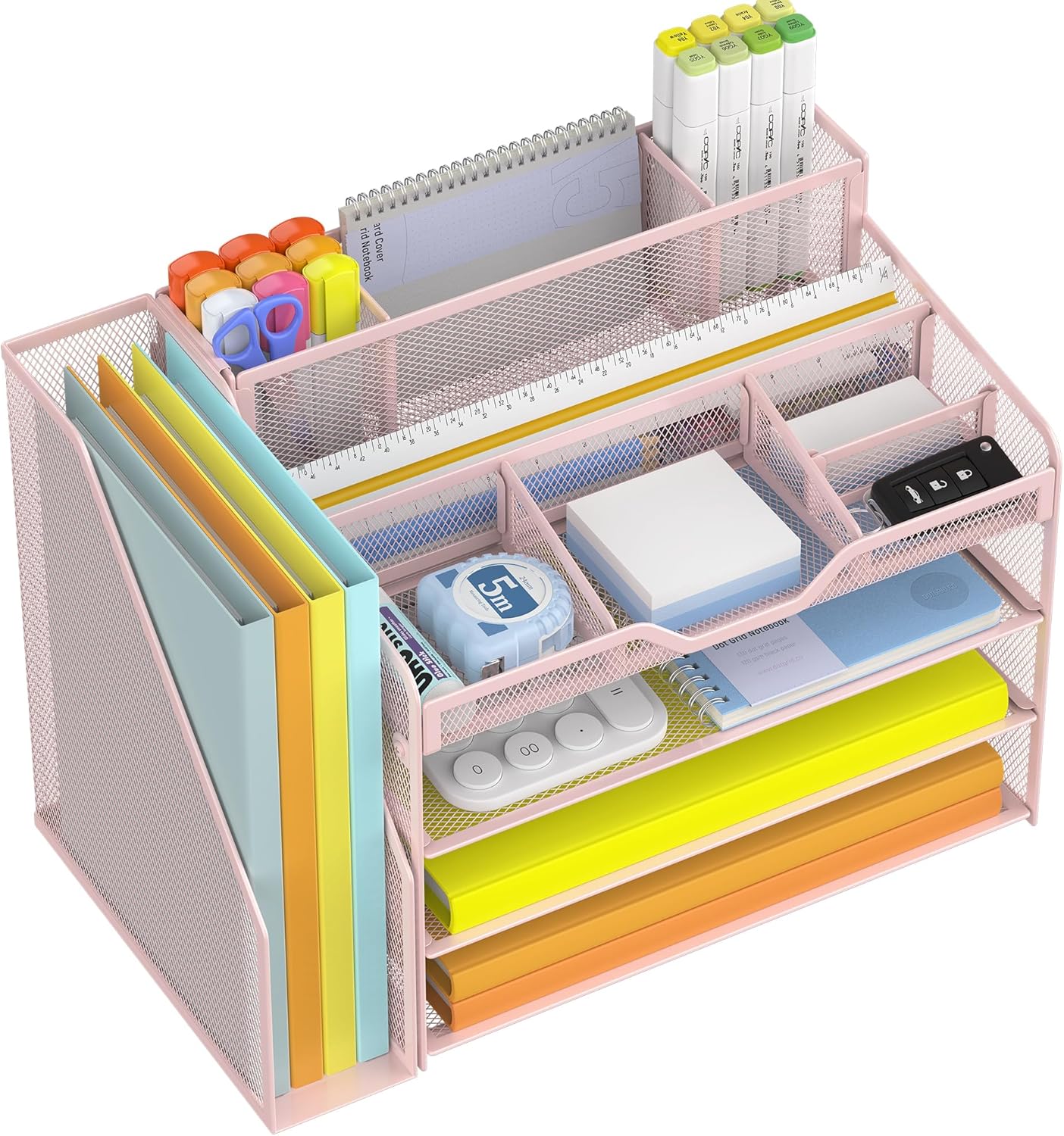 Docnest 4 Tier Mesh Desk Organizer with File Holder – Multi-Functional Paper Letter Tray with 5 Adjustable Compartments, 3 Pen Holders, Desktop Storage for Files, Mail, Stationery – Pink