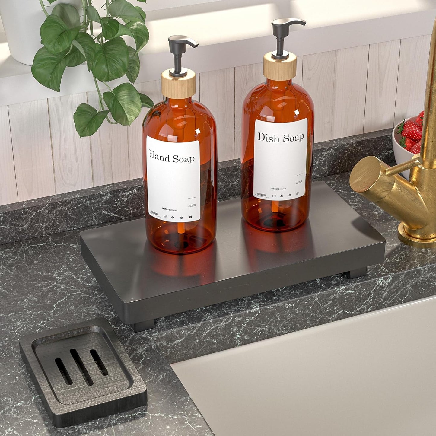 Black Bathroom Tray for Counter - 2 Pcs Matte Black Bathroom Accessories Set, 11” Wooden Riser for Decor, Bamboo Dish Soap Holder, Kitchen Sink Soap Tray, Small Wood Pedestal Stand