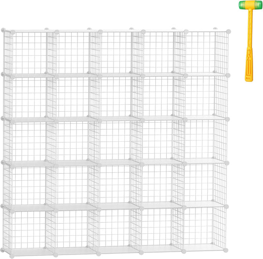 TUMUCUTE Cube Storage Organizer, Metal 25-Cube Shelves Bookshelf, Portable Closet Clothes Organizer for Bedroom, Home, Office, White