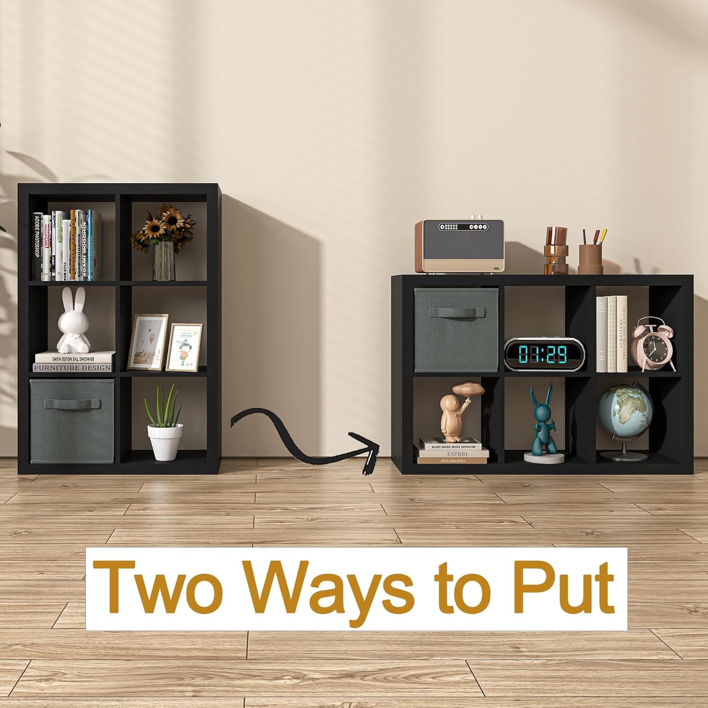 furtble Bookshelf with Storage Bins, 6 Cube Storage Organizer, Modern Wood Bookcase, Multifunctional Display Shelf for Living Room (Matte Black, 6 Cube)