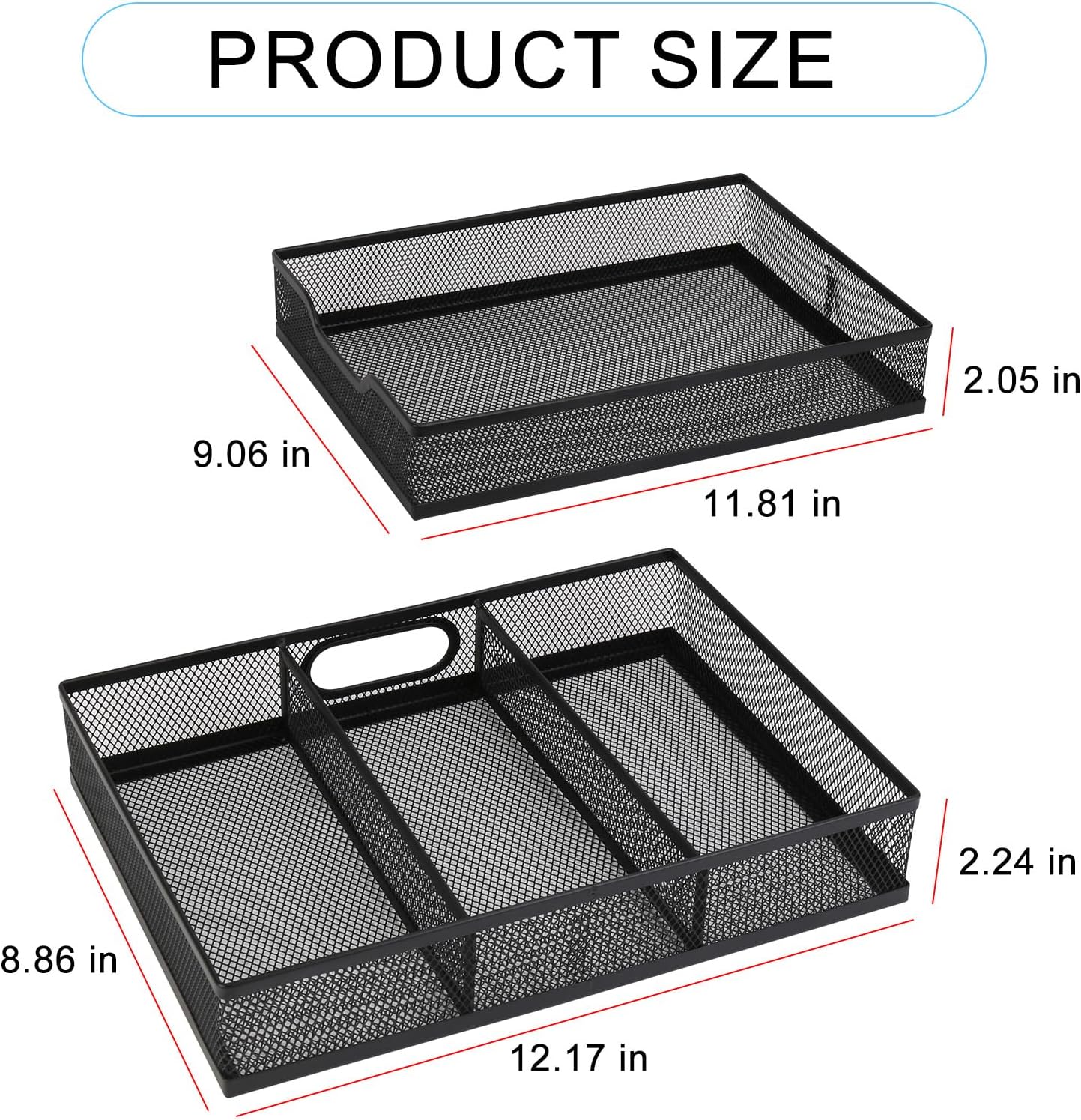 Office Drawer Organizer 2 Pack, Metal Mesh Set - Large Kitchen Drawer Organizer Tray, Adjustable Under Desk Storage for Papers, Office Supplies(Black)