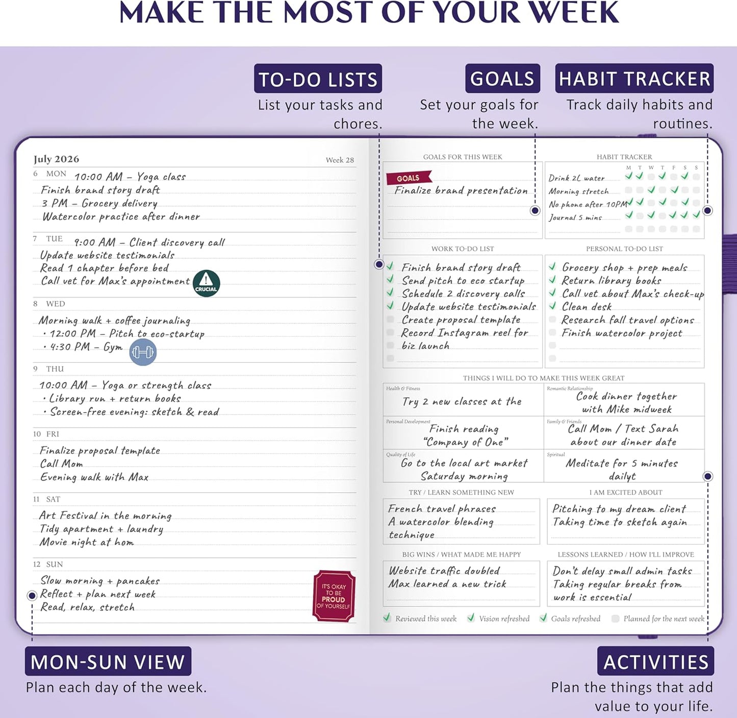 Legend Planner PRO Dated Jan 2026-Jan 2027 – Deluxe Weekly & Daily Organizer with Time Slots. Appointment Book Journal for Work & Time Management, A4 Hardcover (Dark Purple)