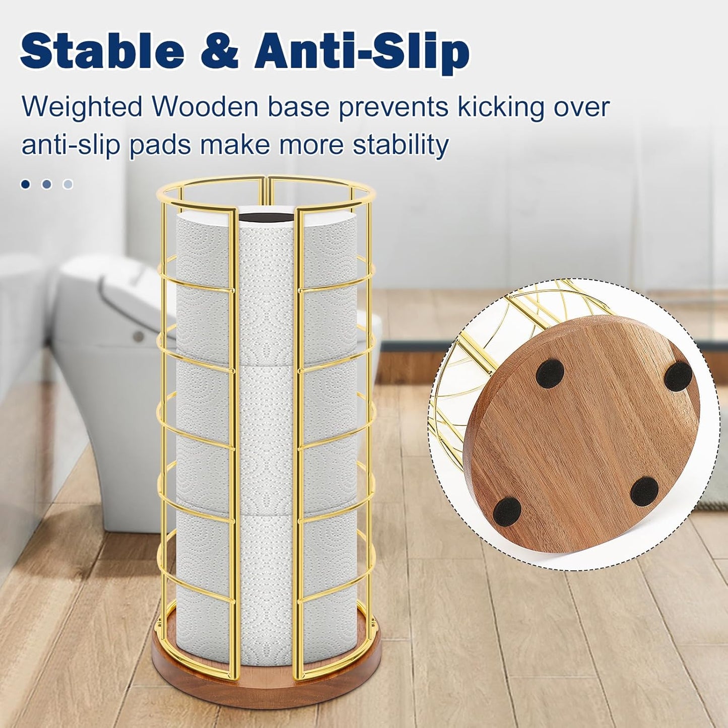 NearMoon Toilet Paper Organizer Stand, Freestanding 3 Rolls Tissue Storage, Metal Bathroom Accessory, Rustproof Toilet Roll Holder for Kitchen Countertop Inside Cabinet Shelf(Wooden Base, Gold)