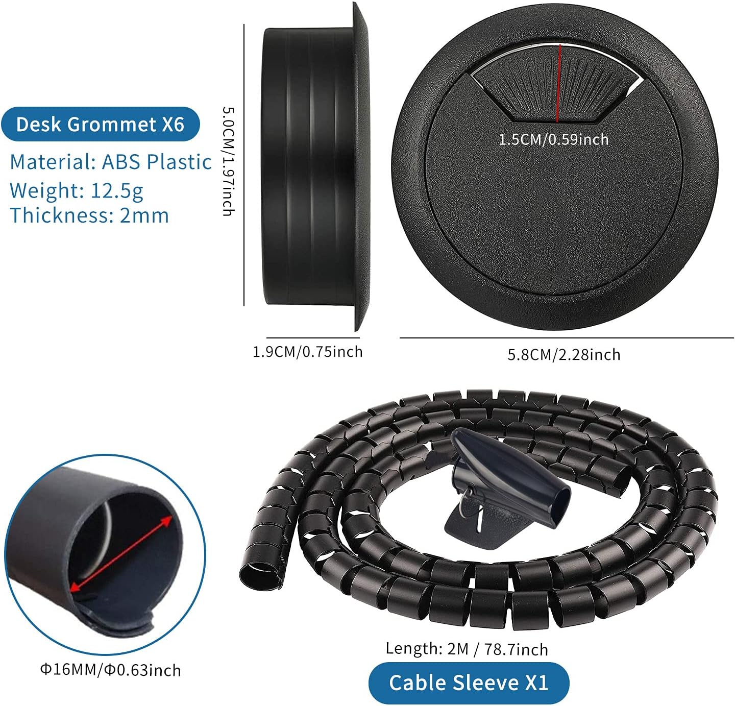 KATA 6-Pack Desk Grommet 2 Inch (50mm) Wire Cord Cable Desk Hole Cover with Bi-Metal Hole Saw Kit and Cord Wire Wrap Coiled Tube Sleeve Management, 2M Cable Sleeve Organizer