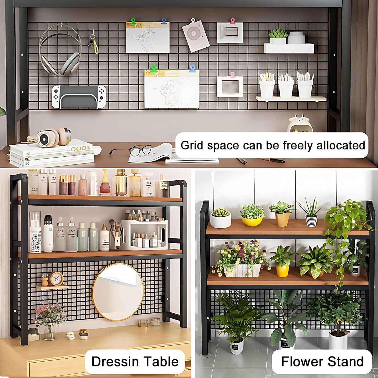 Desk Shelf Organizer with Metal Grid, 2-Tier Desktop Bookshelf, Rustic Wood & Metal Desk Hutch for Home Office and Dorm (Black, 37.4" L × 7.9" W × 38.6" H)