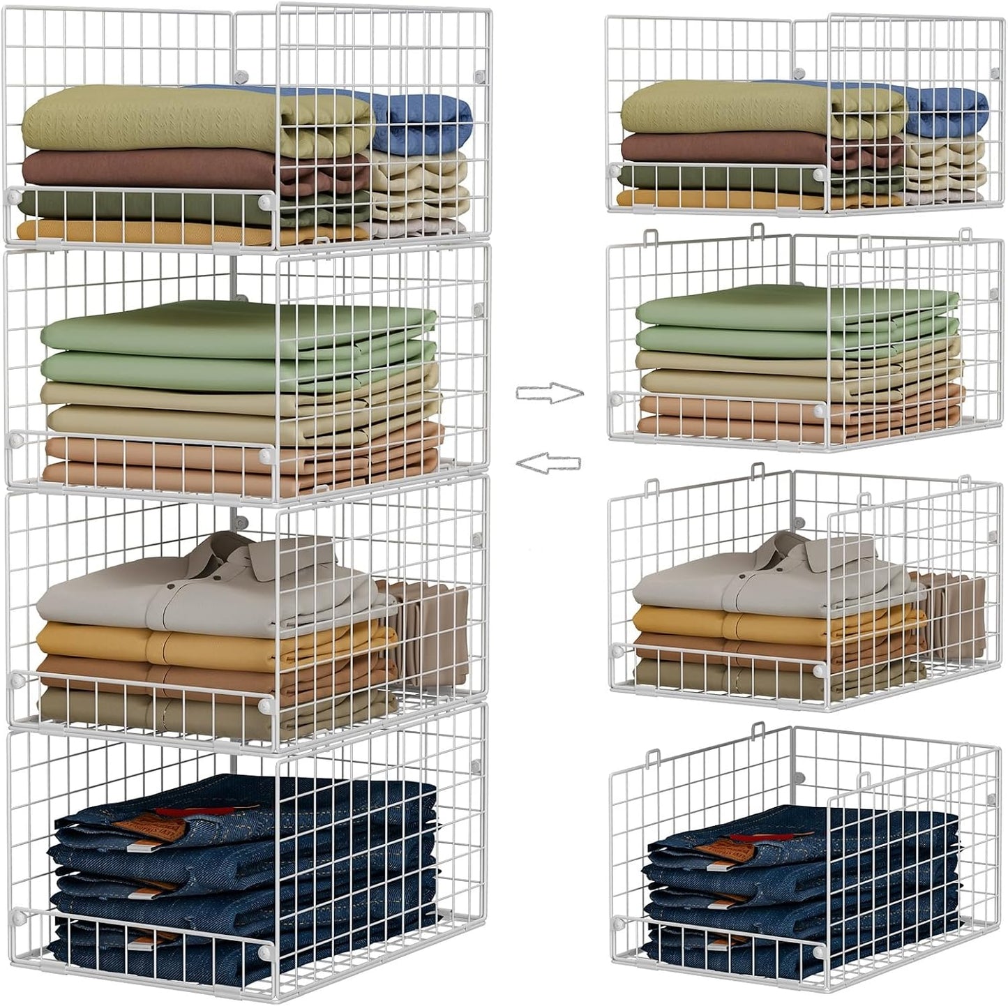 Stackable Closet Organizers and Storage - 4-Tier Stackable Storage Bins, Foldable Closet Shelf Organizer Basket, Clothes Organizers and Storage Shelves for Closet Organizer System(15.7"x11.8"x34.64")