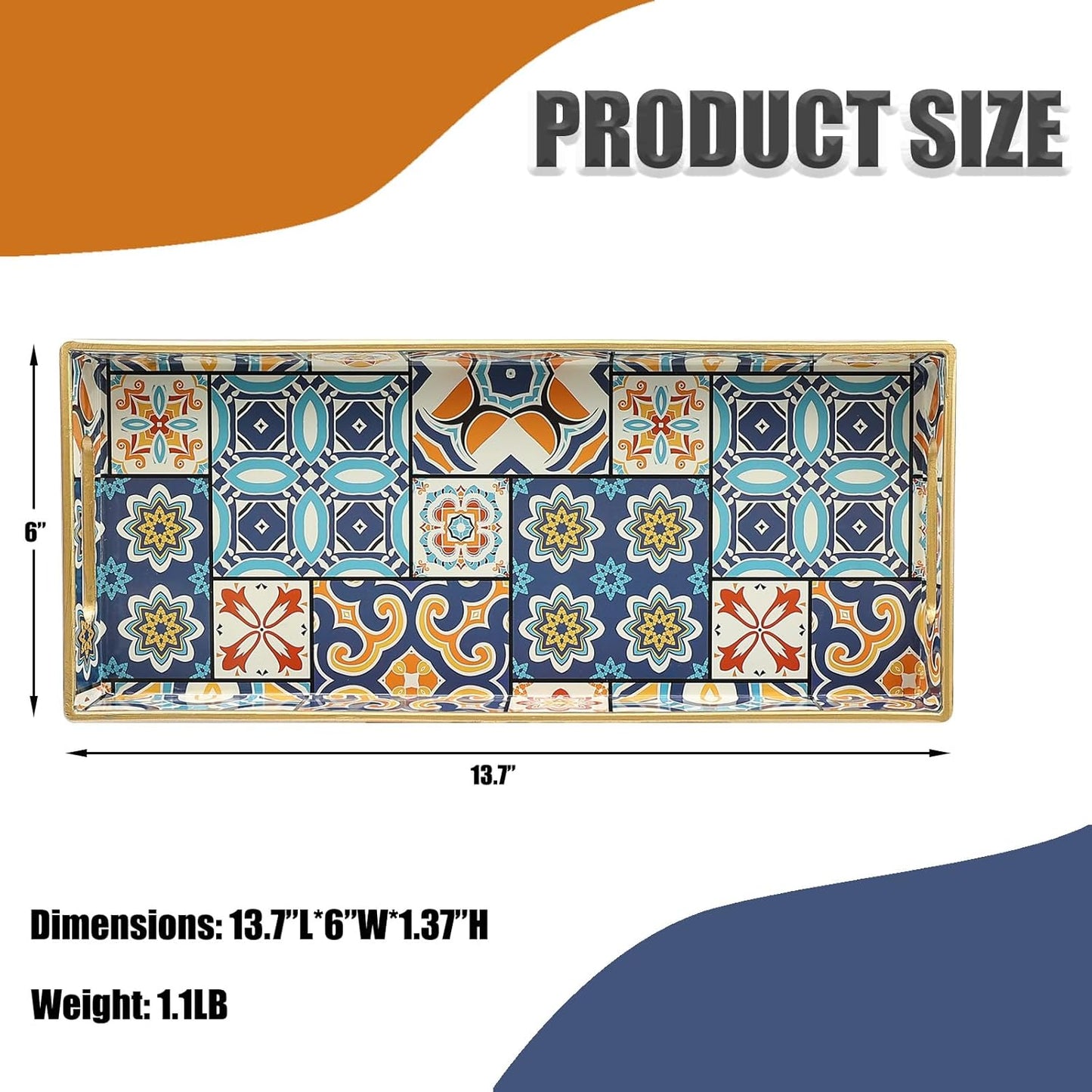 Bathroom Vanity Tray for Countertop, Small Plastic Toilet Tank Tray Versatile Storage & Organization Tray for Makeup, Perfume, Desk, Kitchen, Candles, 13.7"x6"x1.4", 35Boho2