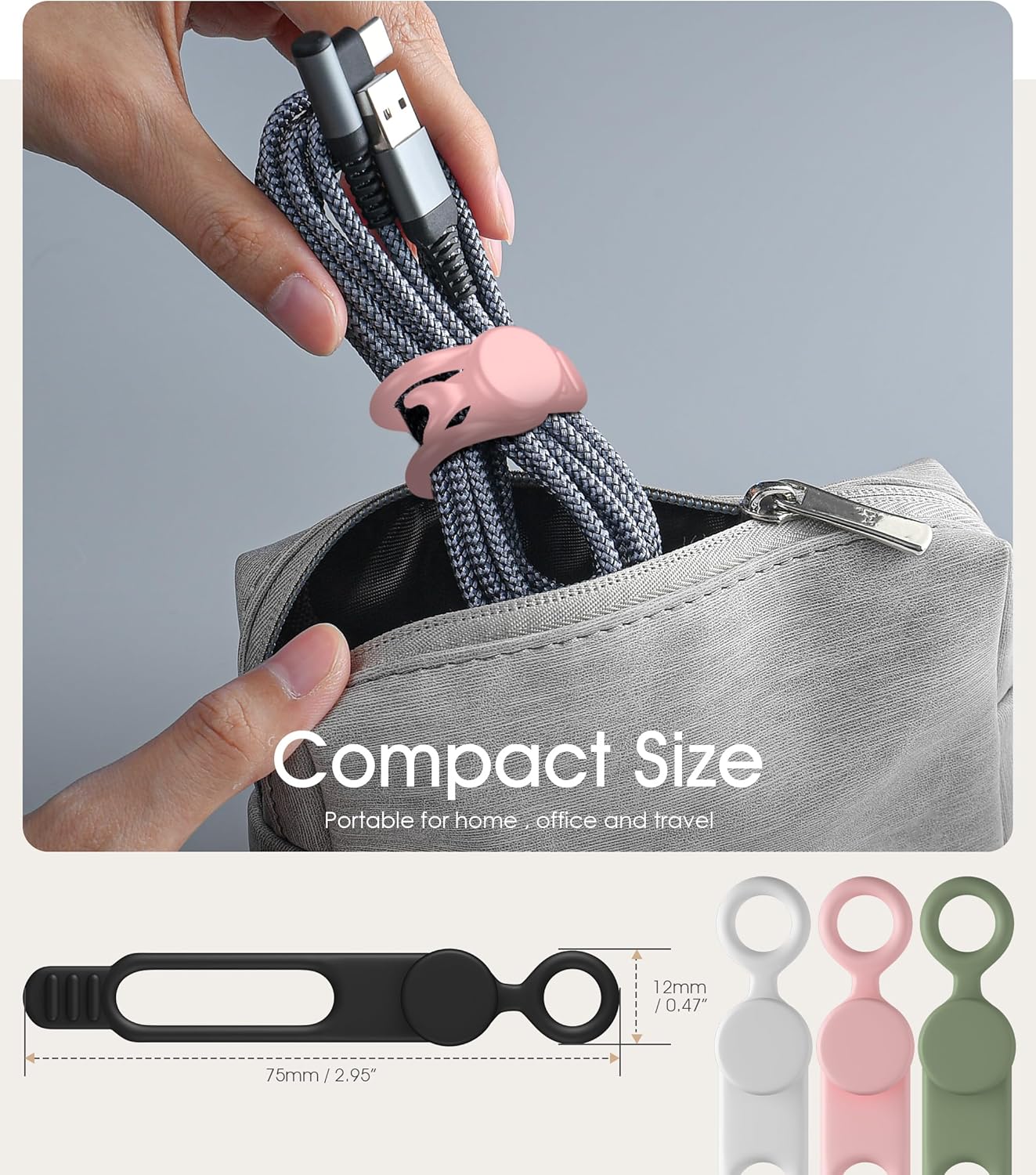 24Pcs Nearockle Silicone Cable Ties 3Inch Cord Organizer, Reusable Small Zip Ties Cable Organizer for Charging Cords Earphone Computer Wire, Office Desk Cable Management Travel Accessories(4 Colors)