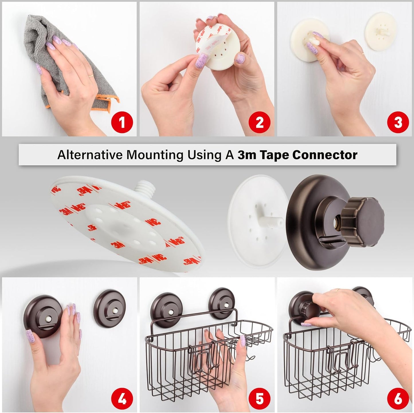 HASKO Shower Caddy Suction Cup with Hooks & Soap holder, Shower Shelf, Bathroom Storage Organizer, Rustproof Shampoo Holder, Bronze