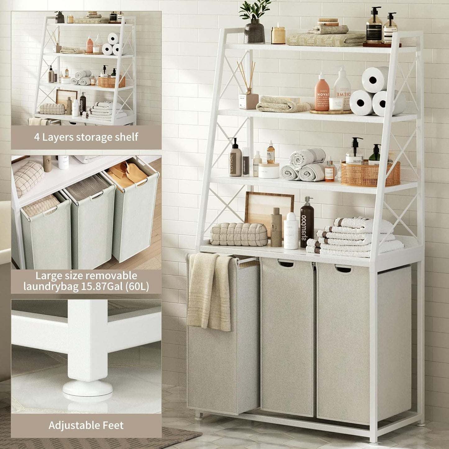 Laundry Basket, 3 Section Laundry Hamper with 4 Tiers Shelf, Pull-Out and Removable Laundry Bags, Large 3 x 15.87 Gallons, for Laundry Room Bathroom White PF05XLW