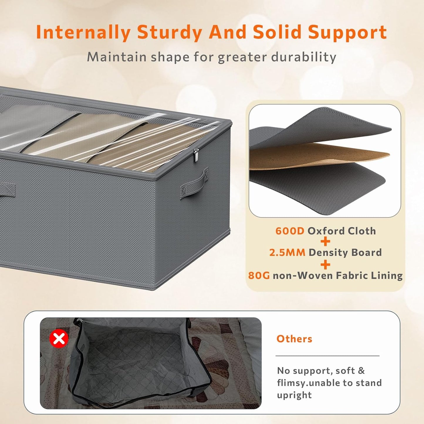 10 Inch 2 Pack Under Bed Storage Containers, 10 Inch Tall Underbed Clothes Storage Organizer Bin with Clear Window，Foldable Box Basket for Clothes, Closet, Bed Sheets and Blankets Gray