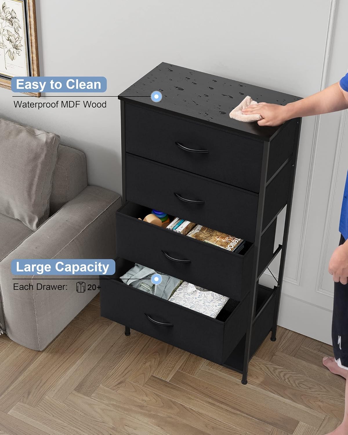 Crestlive Products Vertical Dresser Storage Tower - Sturdy Steel Frame, Wood Top, Easy Pull Fabric Bins - Wide Organizer Unit for Bedroom, Hallway, Entryway, Closets - 5 Drawers(Black)