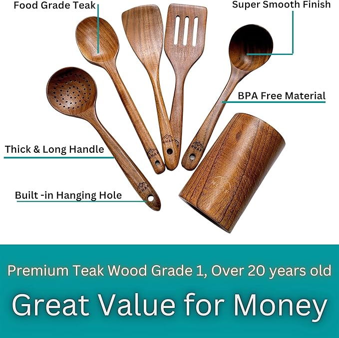Premium Teak Healthy Spoons, Durable Eco-friendly Spatula, Wooden Utensils Set with Holder & Canvas Bag, Wooden Cooking Gifts for Mom