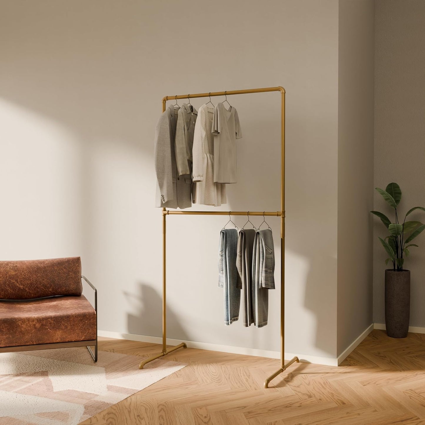 pamo Gold Clothing Rack – 38.98" W x 76.38" H – Industrial Pipe Metal Garment Organizer for Bedroom or Retail – Heavy-Duty Clothes Rack – Easy Assembly