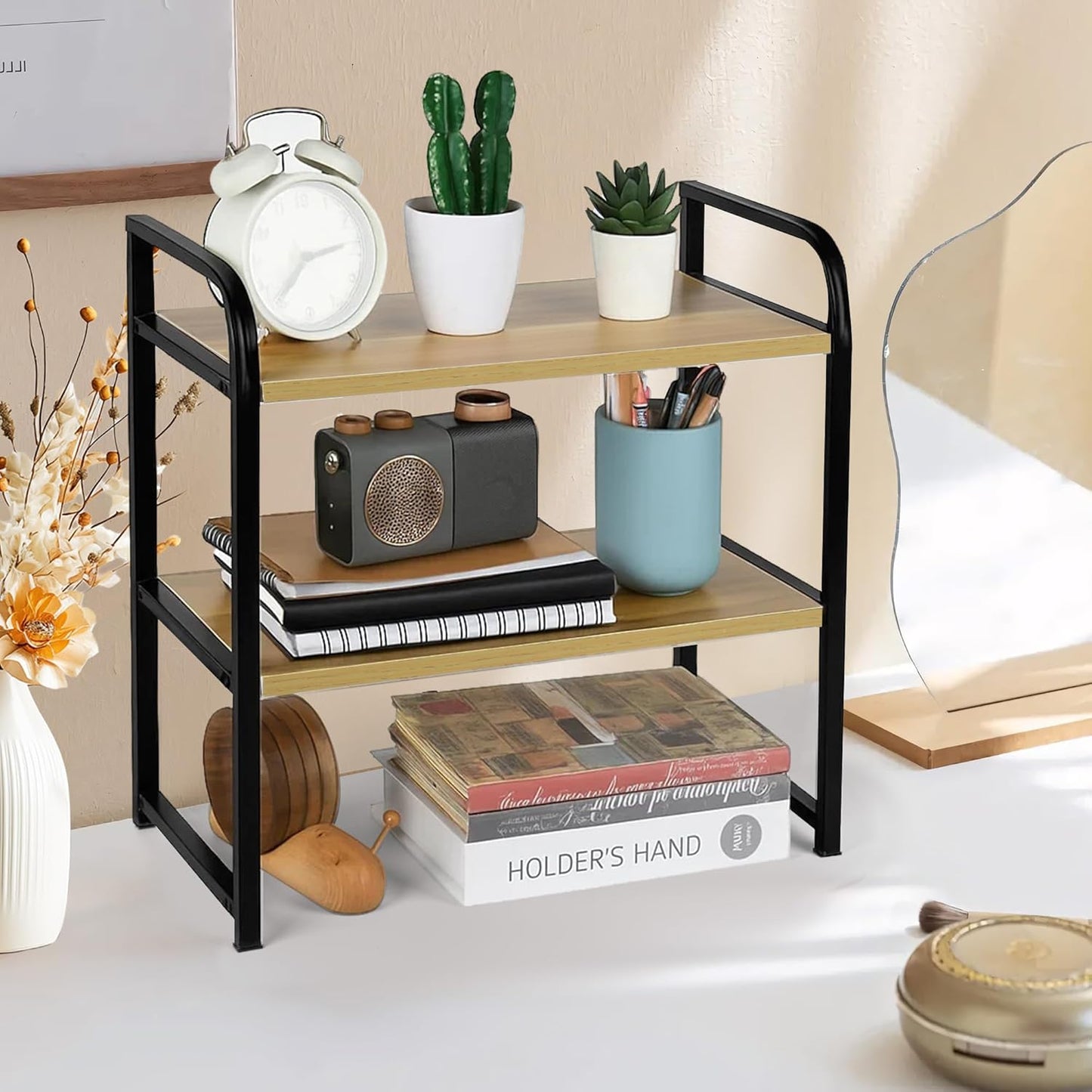 Desktop Shelf Organizer, 2-Tier Office Desk Shelf for Top of Desk, Wood & Metal Bookshelf Supplies Storage Rack (Black&Walnut)