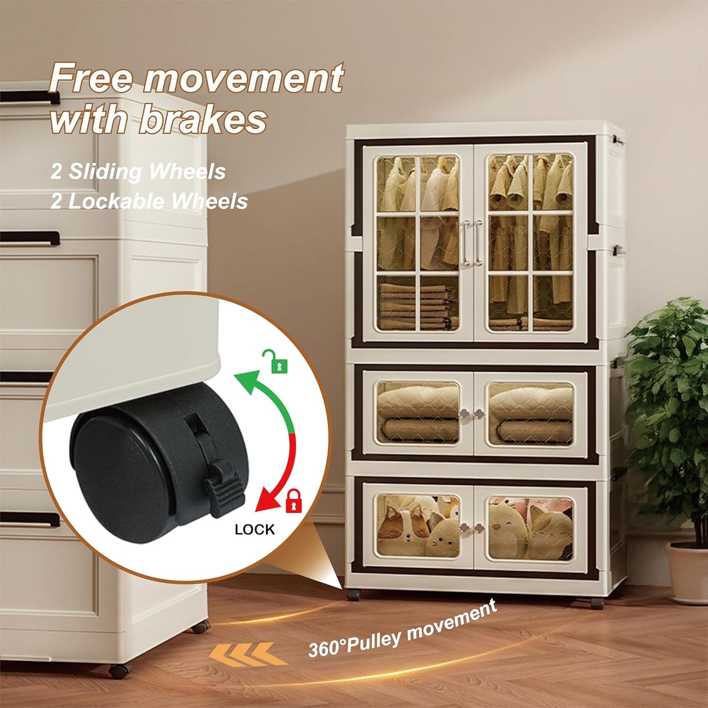 Collapsible Storage Bins with Lids, Folding Storage box with Doors and Wheels, Stackable Organizers Cabinets, Closet Organizers and Storage for Home, Dorm (3+1 Transparent)