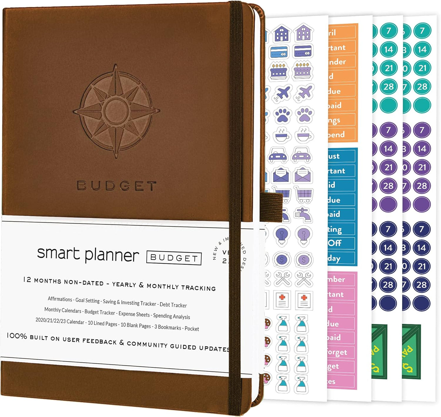 Smart Planner Budget Book – A5 Size 8.6 x 5.7 inches – Undated Budget Planner Organizer with Calendars, Debt Tracker, Expense Sheets, Savings Trackers and More – Inner Pocket for Receipts (Brown)