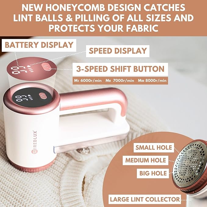 Rechargeable Fabric Shaver - Electric Lint Remover for Clothes & Couch - Adjustable 3-Speed, 6-Leaf Blade, LED Display, USB Charging - Depiller with Dual Protection