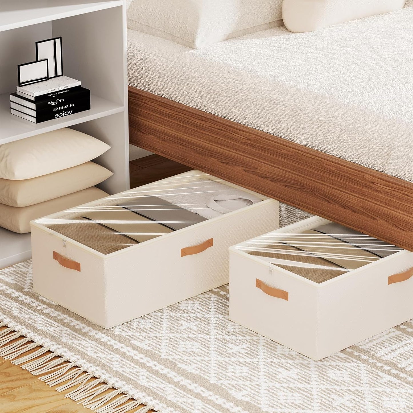 10 Inch 2 Pack Under Bed Storage Containers, 10 Inch Tall Underbed Clothes Storage Organizer Bin with Clear Window，Foldable Box Basket for Clothes, Closet, Bed Sheets and Blankets White