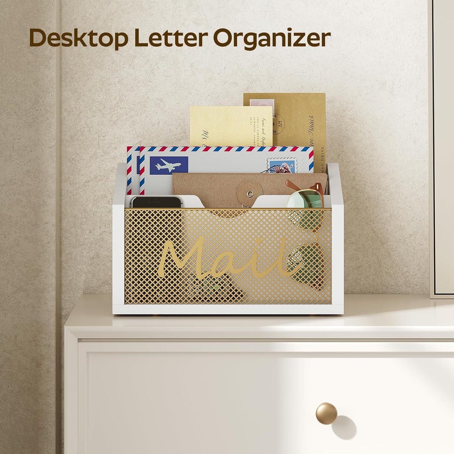 Mail Organizer Countertop, Mail Holder with 3 Slots, Mail Sorter for Desk, Wooden Office Desk Organizer, Mail Organizer for Magazines, Files, Papers, Folders, White and Gold MR03DW