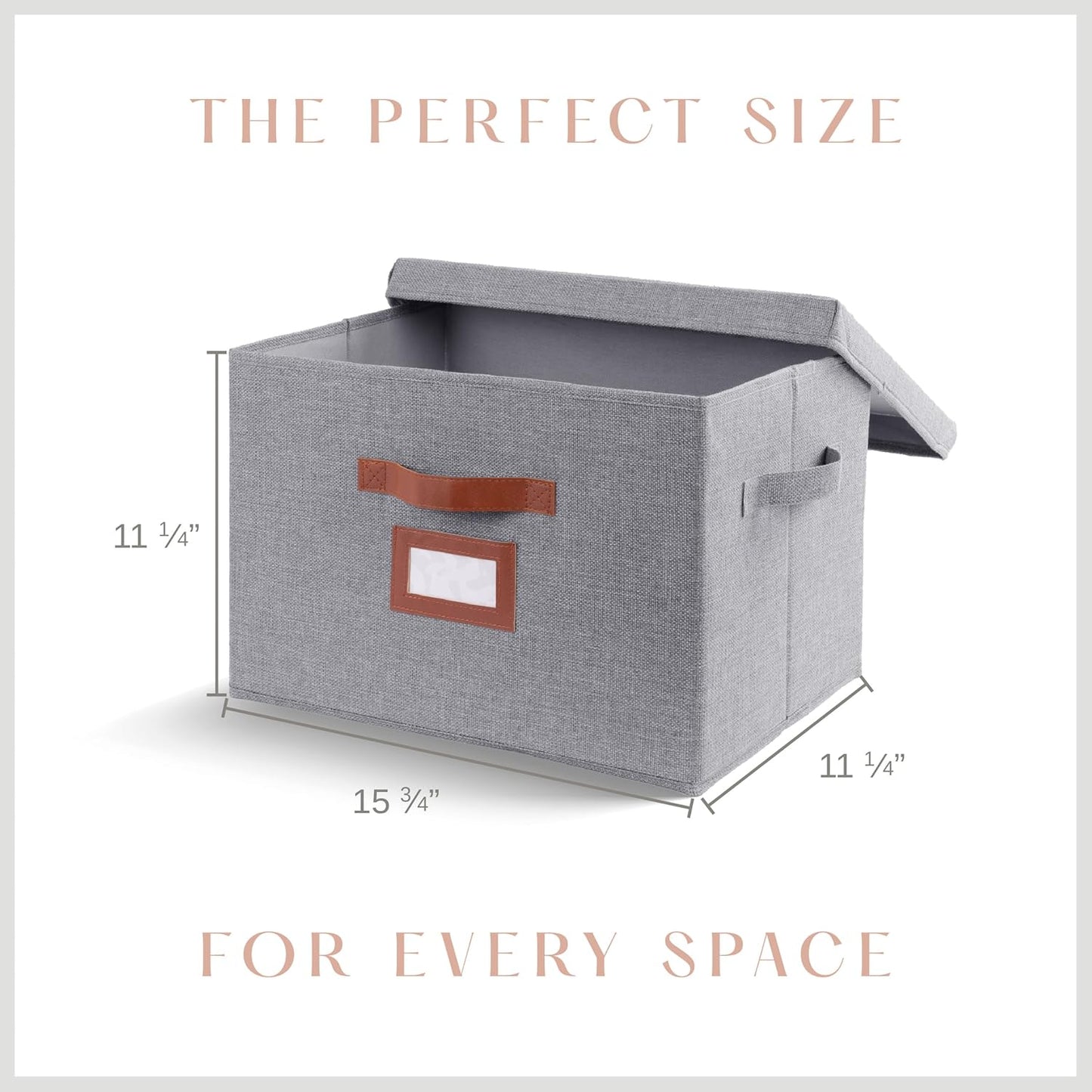 3 Pack Large Fabric Storage Box with Lid - Decorative Bin with Lid, Label Holder, Faux Handles - Large Decorative Storage Boxes with Lids for Organizing Clothes, Blankets - Steel Gray