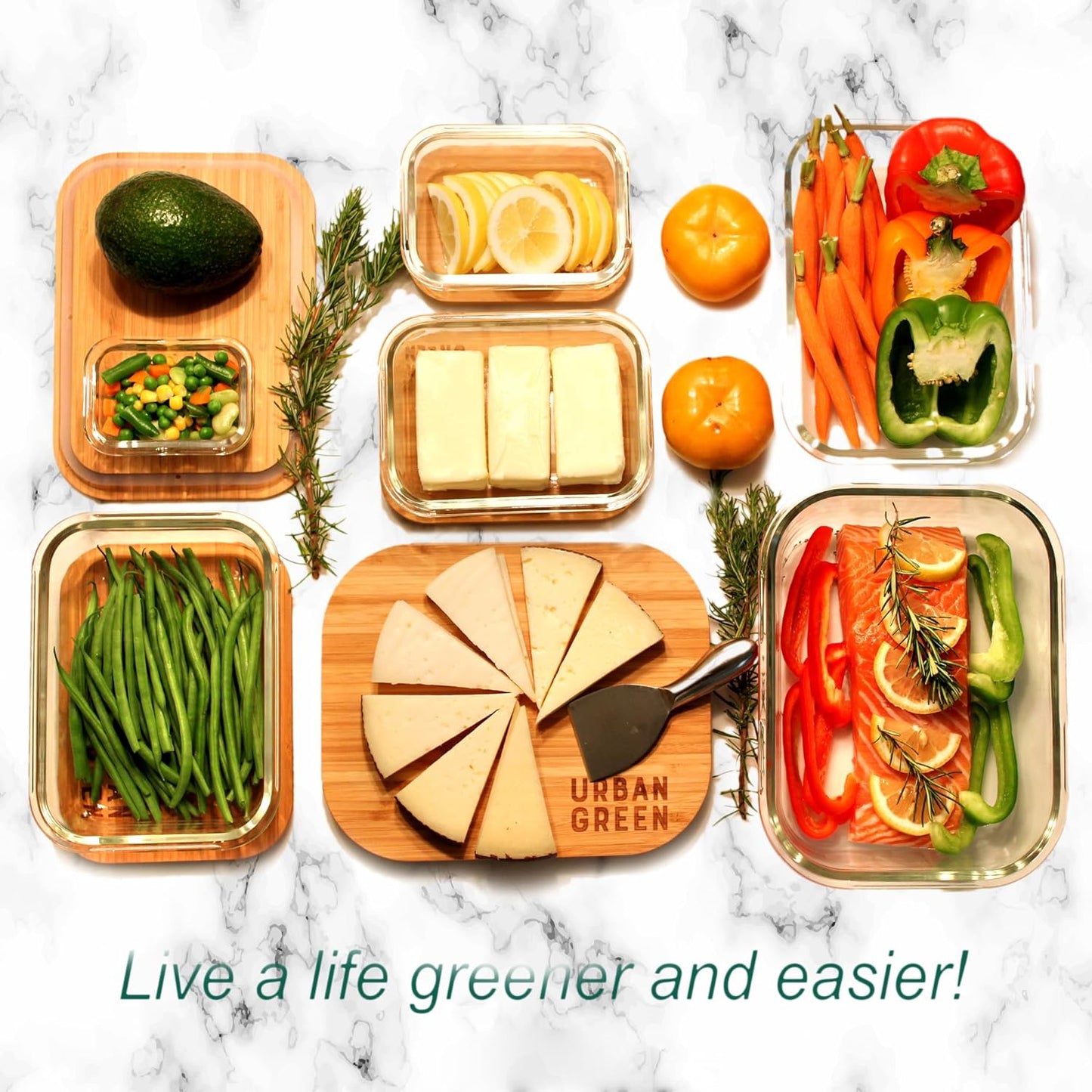 Urban Green Glass Containers with Bamboo Lids, Meal Prep Glass Food storage Container Set, 5 Pack, Pantry & Kitchen Organizer, Microwave, Oven, Freezer Safe