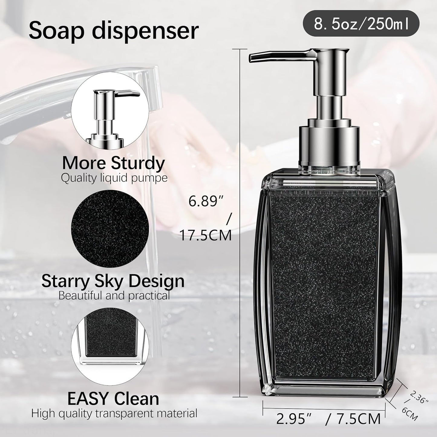 Black Soap Dispenser with Refillable Plastic Pump for Bathroom Sink or Kitchen Counter, Ideal for Hand Soap, Liquid Soap, Dish Soap, or Lotion Use