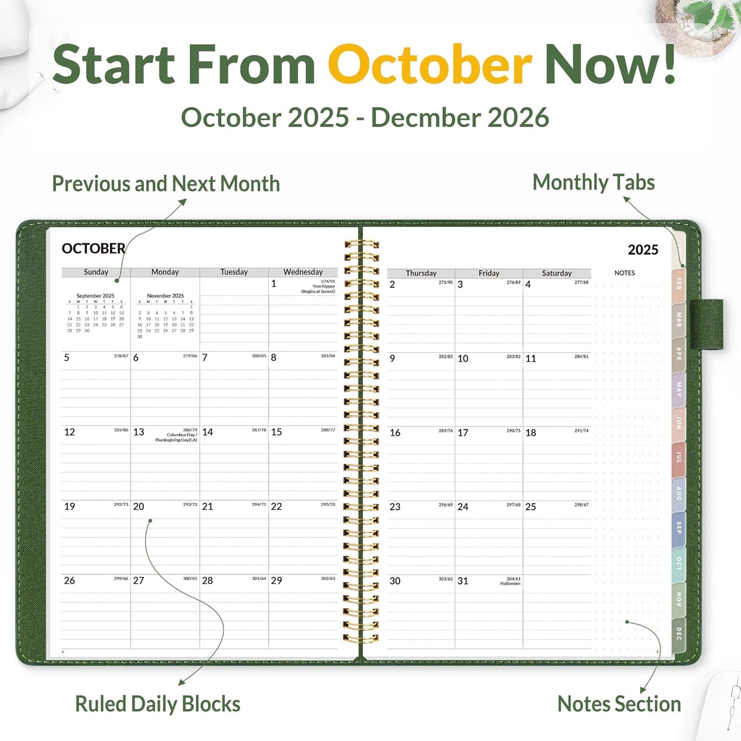 SUNEE 2026 Weekly & Monthly Planner 9"x11.2"- 12 Month (January 2026 - December 2026), Vegan Leather Cover, Pocket, Bookmark, Notes, Monthly Tab, Deep Green