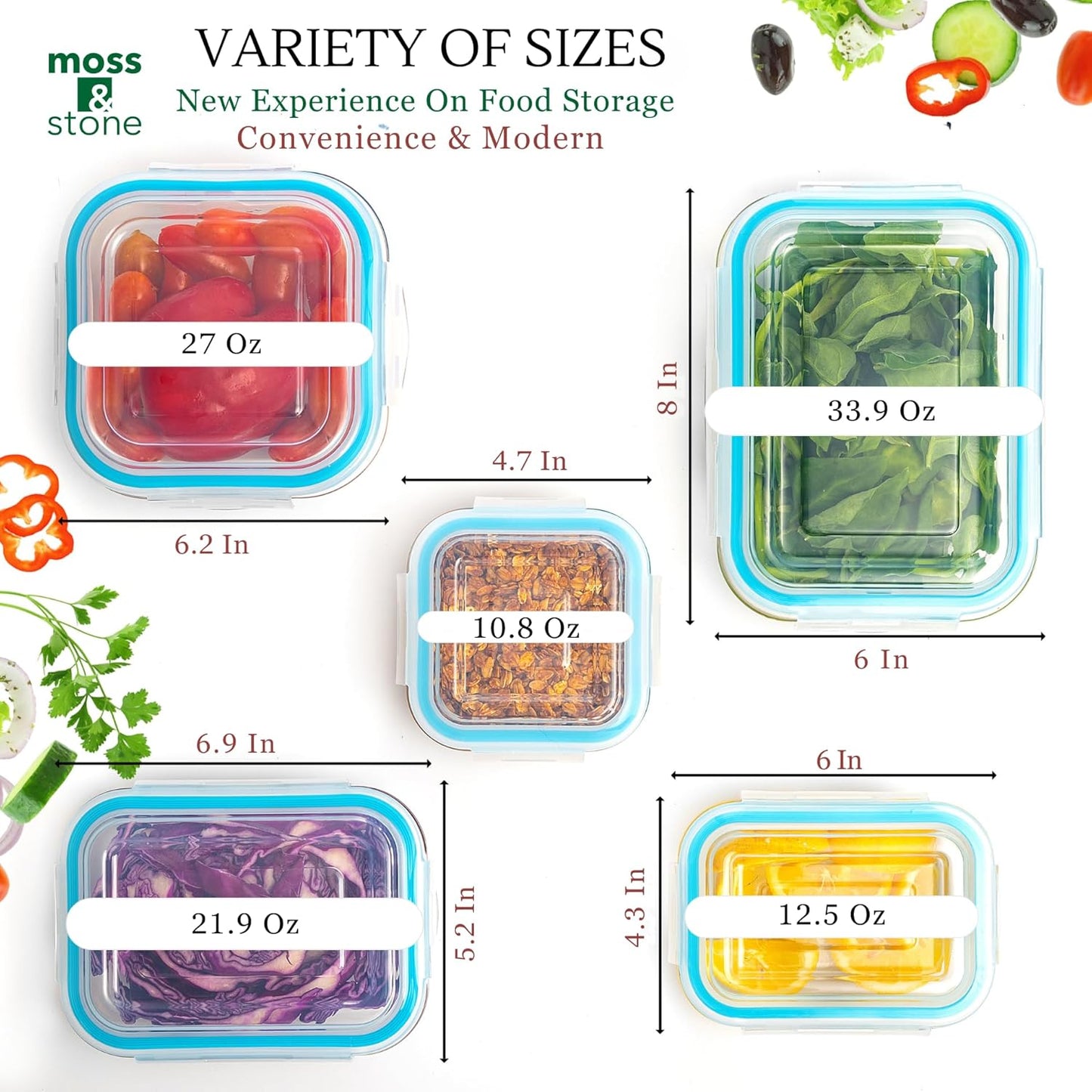 Moss & Stone 10-Piece Kitchen Glass Food Storage Containers Set with Lids, Clear Leak-Proof, BPA-Free Airtight Meal Prep Glass Containers – Oven, Freezer, Microwave & Dishwasher Safe