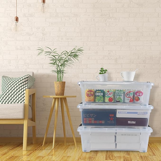 Hespama 3 Pack Plastic Storage Boxes with Lids, 20 Quart Rolling Plastic Bins for Under the Bed