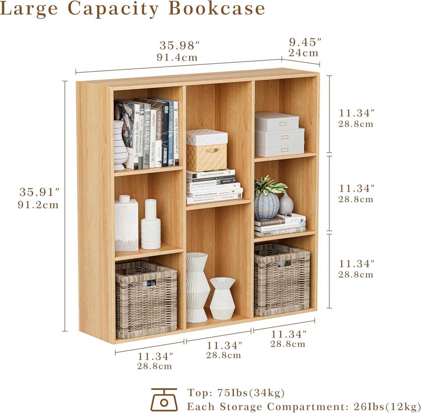 Wooden Cube Storage Organizer with Closed Back Panel, 11in Cube Shelf Opening, Bookshelf, Display Shelf,Closet Cabinet for Home and Office (Natural Oak, 8-Cube 35.98L*9.45W*35.91H)