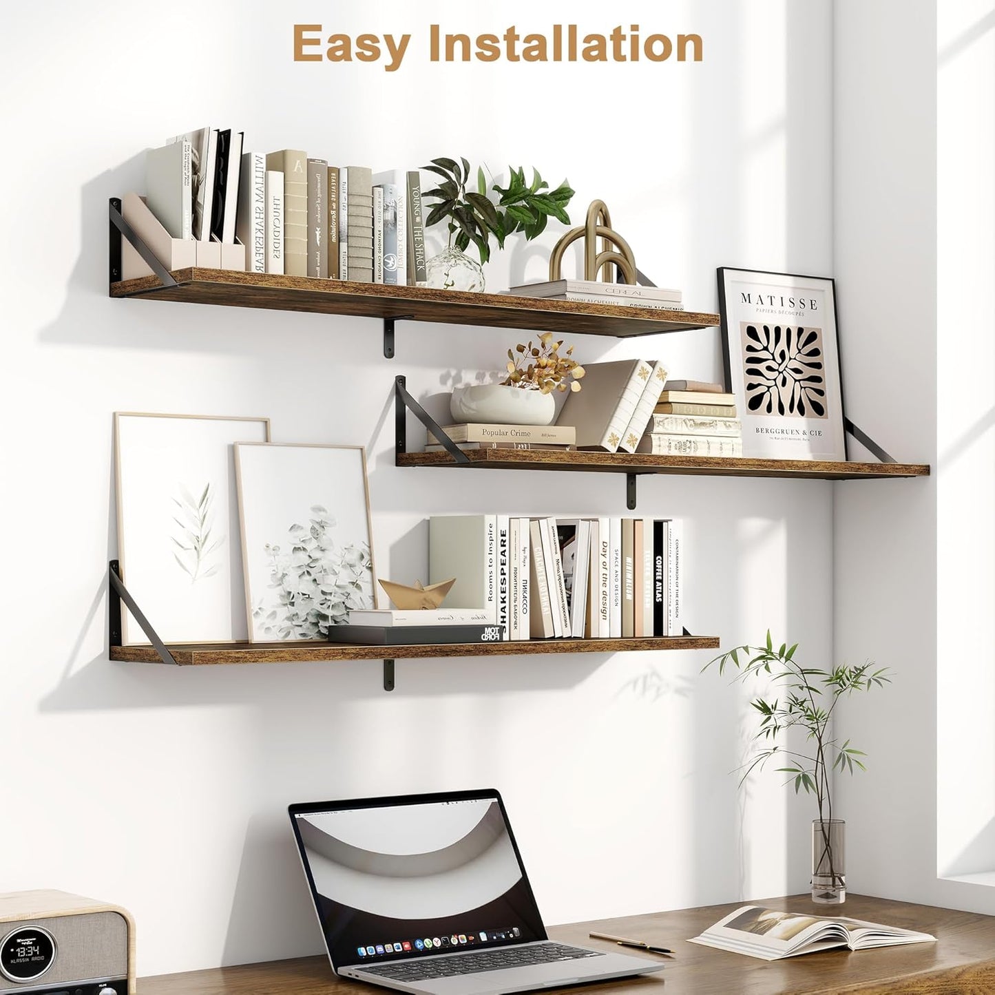 Fun Memories Long Wall Shelves for Bedroom, Set of 3 Large 40-Inch Floating Bookshelves, Rustic Wood Display Shelf for Home and Office (Rustic Brown)