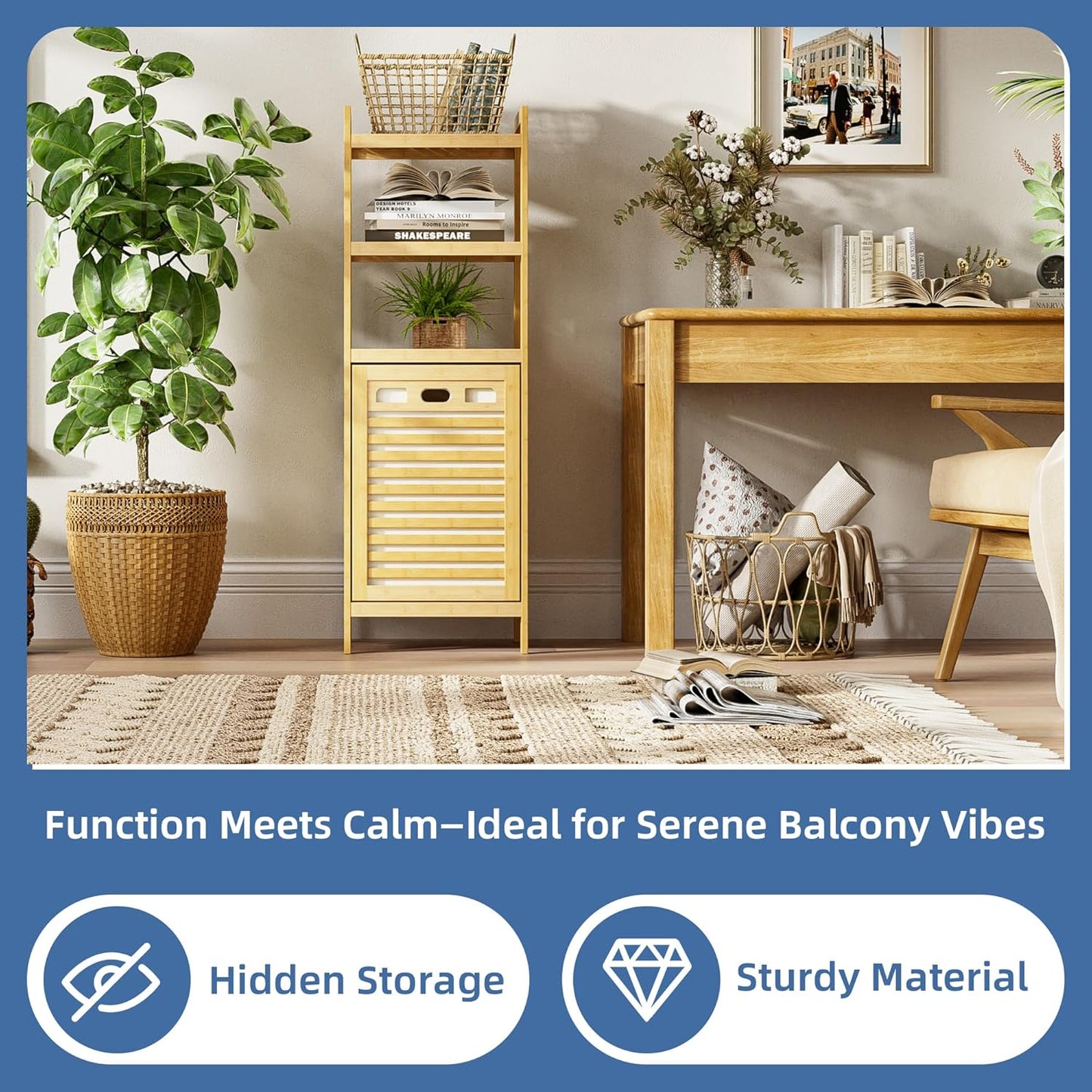 HITNET Tilt Out Laundry Hamper, Bamboo Laundry Basket with Foldable Bag and 3 Open Shelves, Freestanding Clothes Storage Organizer for Bedroom, Bathroom, Living Room, Natural