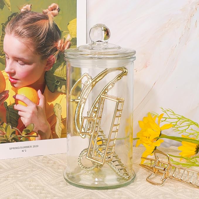 2 Pack Glass Apothecary Jars with Lids, 32oz Clear Bathroom Accessories Canisters Storage Organizer, Cotton Ball Holder Containers, Glass Jars for Bathroom, Vanity, Laundry Room